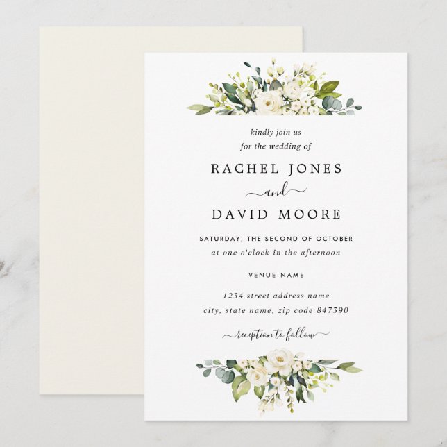 Elegante Champagne Watercolor Floral Wedding Einladung (Vorne/Hinten)