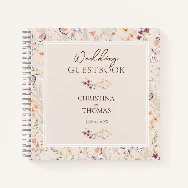 Elegante Champagne Wildblumen Wedding Gästebuch Notizbuch (Vorderseite)