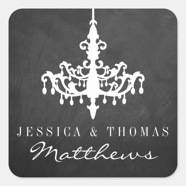 Elegante Chandelier Chalkboard Wedding Collection Quadratischer Aufkleber (Vorderseite)