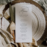 Elegante Charm Black and White Wedding Menu Cards Menükarte<br><div class="desc">Diese eleganten,  schwarz-weißen Hochzeitskarten sind perfekt für eine einfache Hochzeit. Das moderne minimalistische Design besticht durch zeitlose Schwarz-Weiß-Romantik mit böhmischem Märchenstil. Dieses Hochzeitsmenü kann für einen Hochzeitsempfang,  ein Probe-Dinner oder jede Veranstaltung verwendet werden.</div>