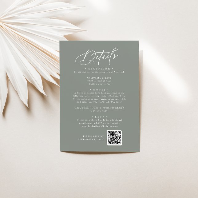 Elegante Charm Dunkle Sage Wedding Details Card Begleitkarte (Von Creator hochgeladen)