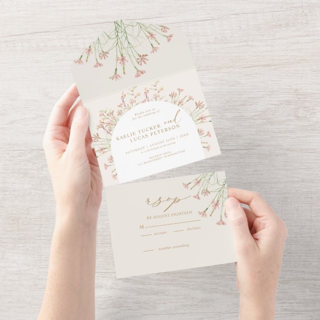 Elegante Charm Wild Blume Wedding All In One Einladung (Abreißen)