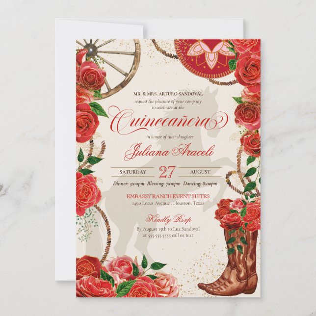 Elegante Charro Rote Rosen Western Boots Quinceane Einladung (Vorderseite)