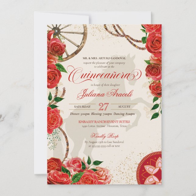 Elegante Charro Rote Rosen Western Ranch Quinceane Einladung (Vorderseite)