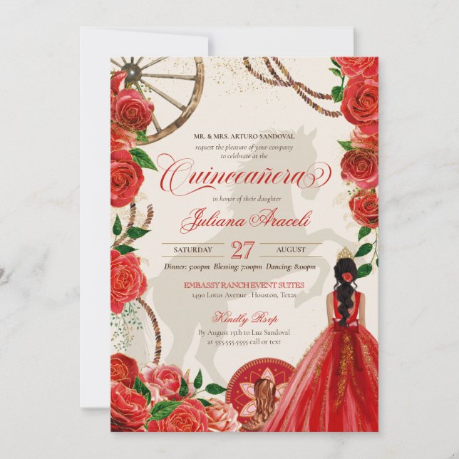 Elegante Charro Rote Rosen Western Ranch Quinceane Einladung (Vorderseite)