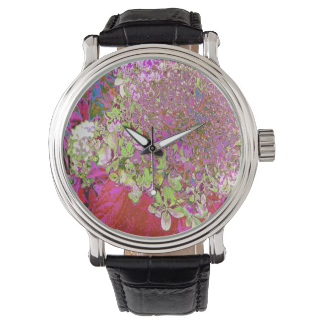 Elegante Chartreuse Green, Pink und Blue Hydrangea Armbanduhr (Vorderseite)