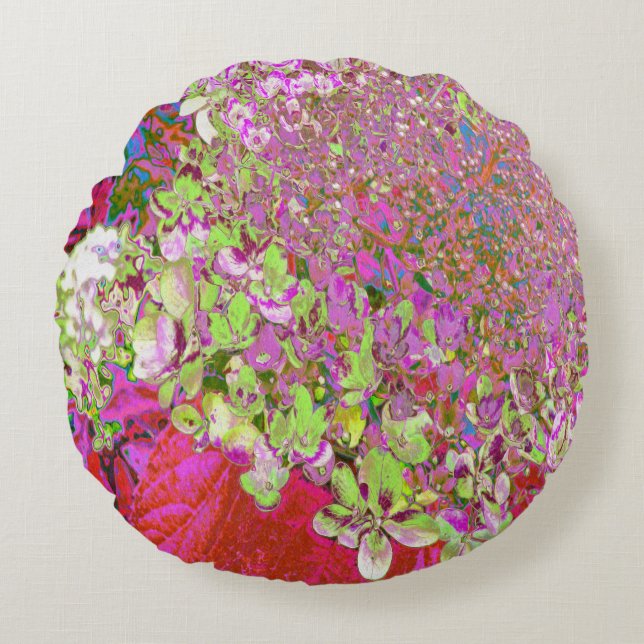 Elegante Chartreuse Green, Pink und Blue Hydrangea Rundes Kissen (Vorderseite)