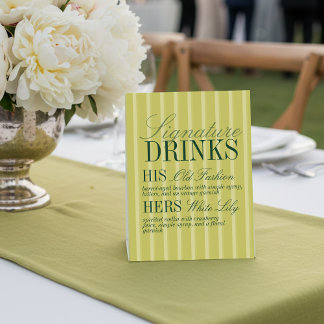 Elegante Chartreuse-Streifen-Signatur-Drinks-Hochz Sockelschild