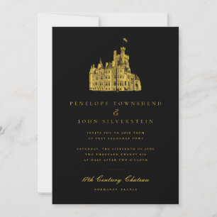 Elegante Château Illustration Black Gold Wedding Einladung