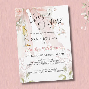 Elegante Cheers zum 50. Jahrgang Rosa Schleife Flo Einladung