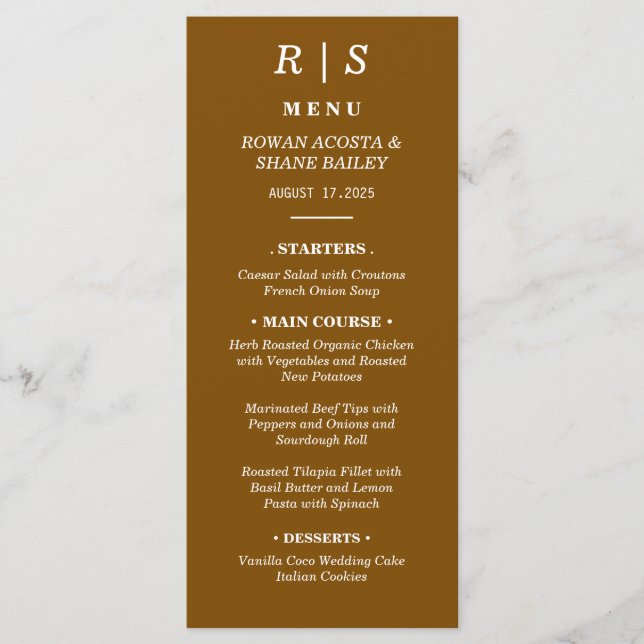 Elegante Chestnut Brown Monogram Wedding Menu Card Menükarte (Vorderseite)