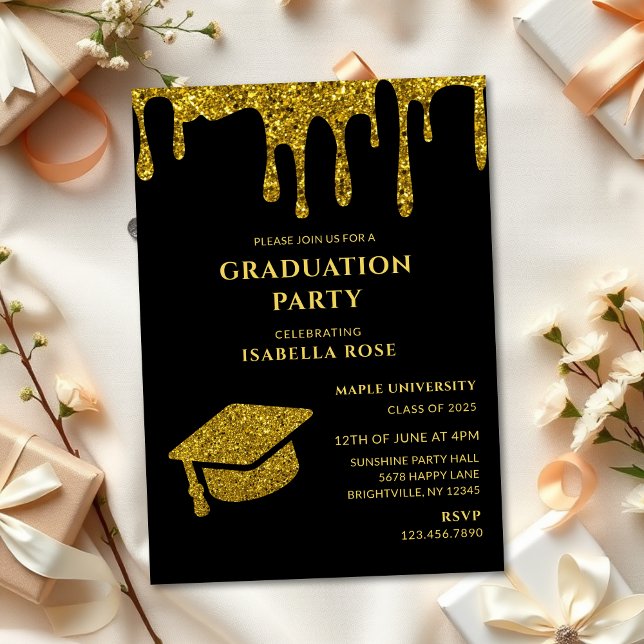 Elegante Chic Black and Gold 2025 Graduation Party Einladung (Elegant chic black and gold class of 2025 graduation party invitations, graduation invitations cards)