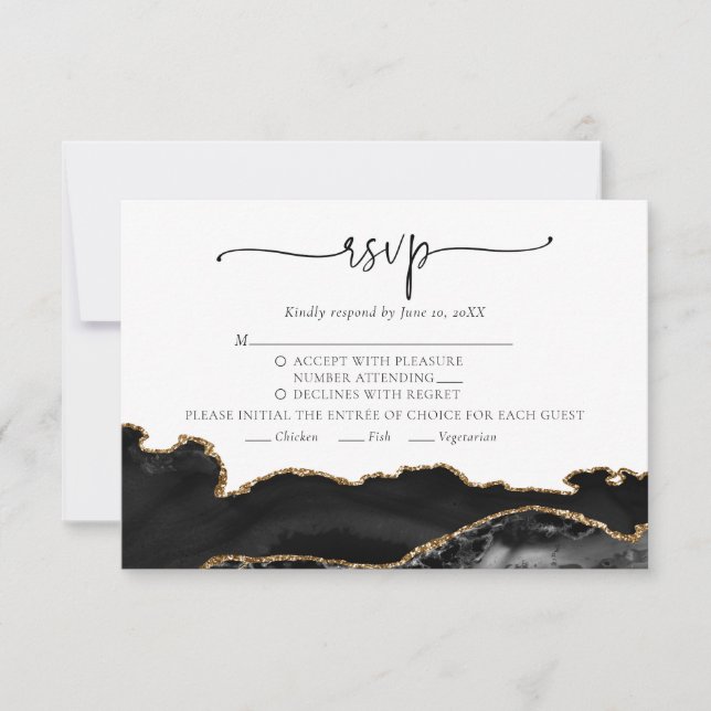Elegante Chic Black Gold Agate Wedding RSVP Card (Vorderseite)