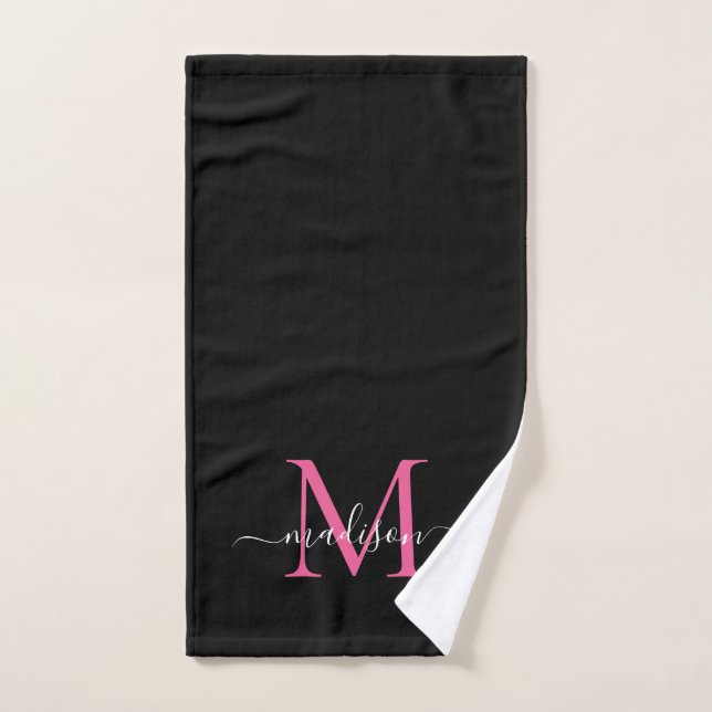 Elegante Chic Black Hot Pink Monogram Script Name Handtuch (Handtuch)