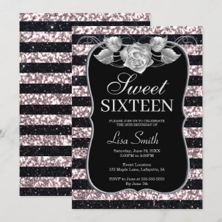 Elegante Chic Black Pink Glitzer Rose Sweet 16 Einladung