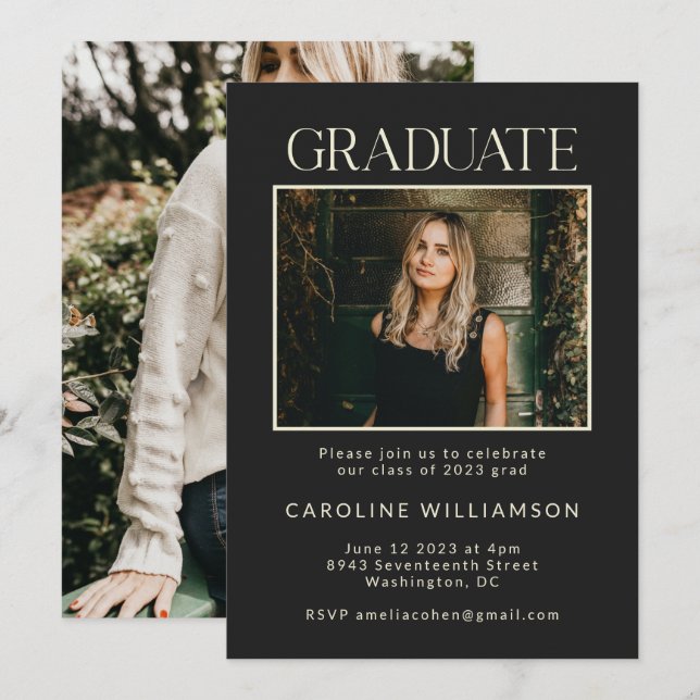 Elegante Chic Black Two Foto Graduation Party Einladung (Vorne/Hinten)