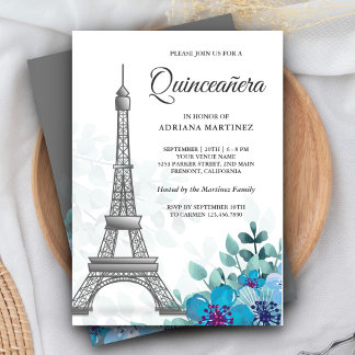 Elegante Chic Blue Floral Eiffel Tower Quinceanera Einladung