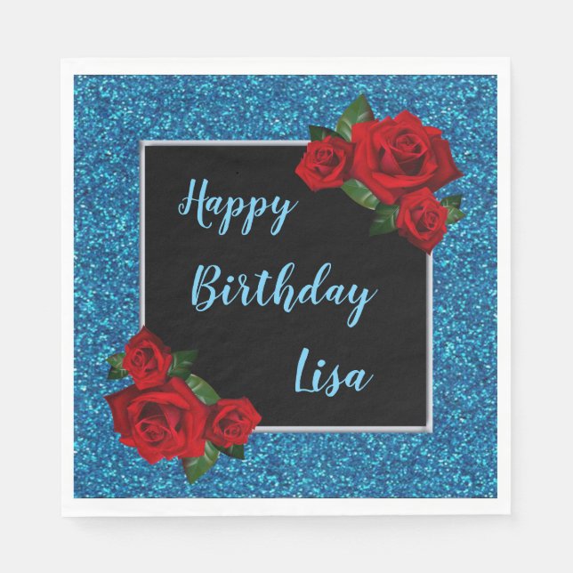 Elegante Chic Blue Glitzer Rote Rosen Geburtstag Serviette (Vorderseite)