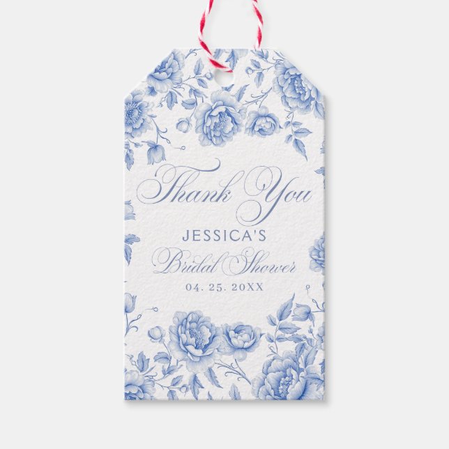 Elegante Chic Blue Toile Chinoiserie Brautparty Geschenkanhänger (Vorderseite)