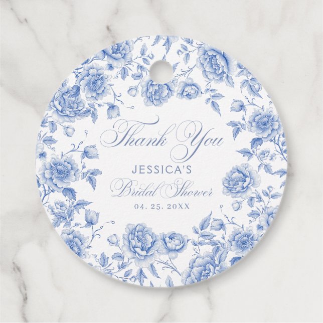 Elegante Chic Blue Toile Chinoiserie Brautparty Geschenkanhänger (Rückseite)