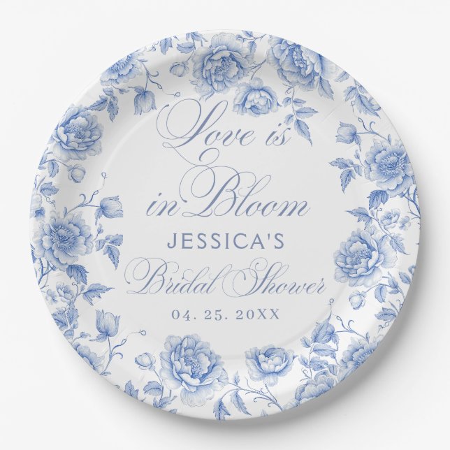 Elegante Chic Blue Toile Chinoiserie Brautparty Pappteller (Vorderseite)