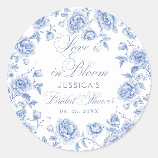 Elegante Chic Blue Toile Chinoiserie Brautparty Runder Aufkleber (Vorderseite)