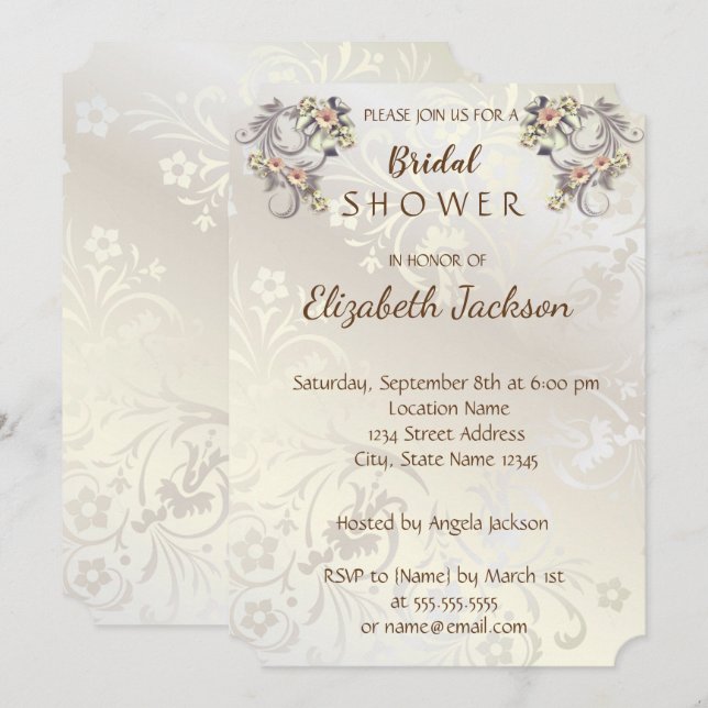 Elegante Chic Blume Damask Brautparty Einladung (Vorne/Hinten)