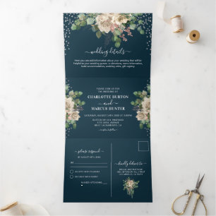 Elegante Chic Blush Blumen & Navy Dreifaltigkeits- Dreifach Gefaltete Einladung