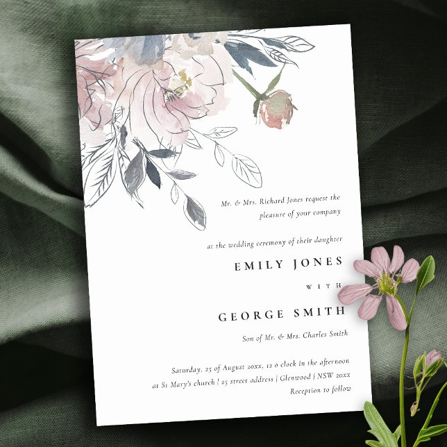 Elegante Chic Blush Wasserfarben Blumenzehen Einladung (Von Creator hochgeladen)