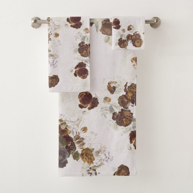 Elegante Chic Brown Beige Rose Blumenmuseum Badhandtuch Set (Insitu)