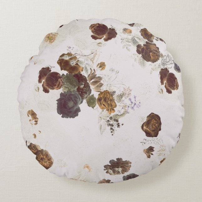 Elegante Chic Brown Beige Rose Blumenmuseum Rundes Kissen (Vorderseite)