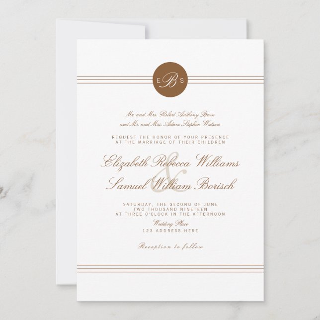 Elegante Chic Brown White Monogram Wedding Einladu Einladung (Vorderseite)
