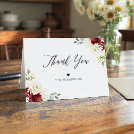 Elegante Chic Burgundy Red White Floral Wedding Dankeskarte