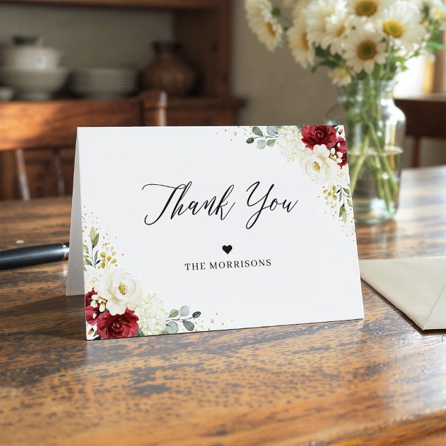 Elegante Chic Burgundy Red White Floral Wedding Dankeskarte (Von Creator hochgeladen)