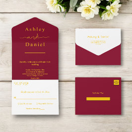 Elegante Chic Burgundy und Gold Luxury Wedding All In One Einladung