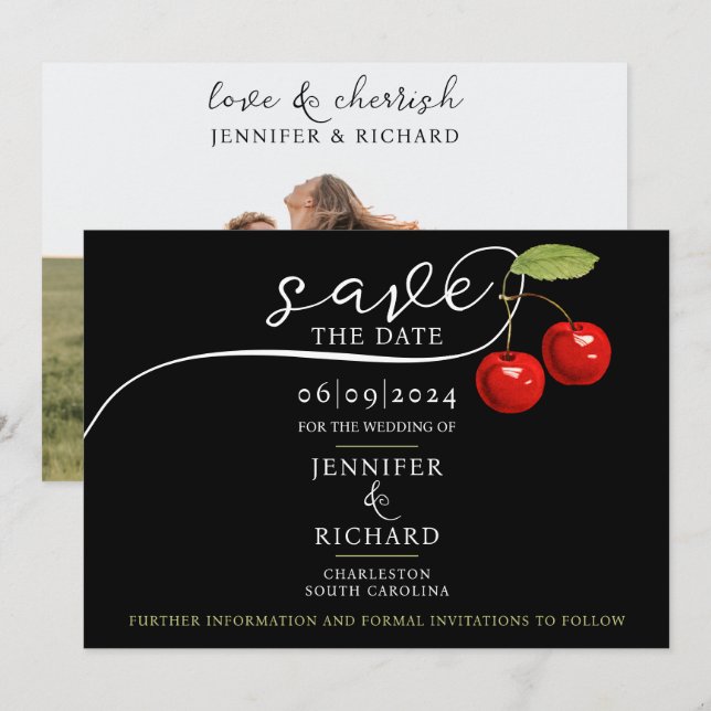 Elegante Chic Cherries Red Black Foto Calligraphy Save The Date (Vorne/Hinten)