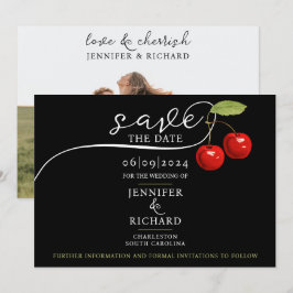 Elegante Chic Cherries Red Black Foto Calligraphy Save The Date
