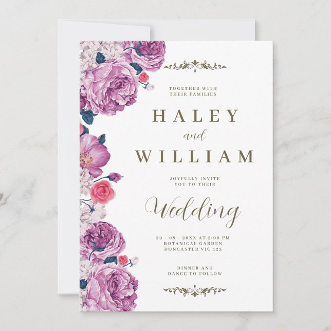 Elegante Chic Dusty lila Floral Wedding Einladung (Vorderseite)