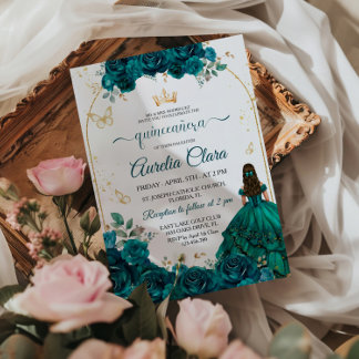 Elegante Chic Emerald Green Rose Gold Quinceanera Einladung