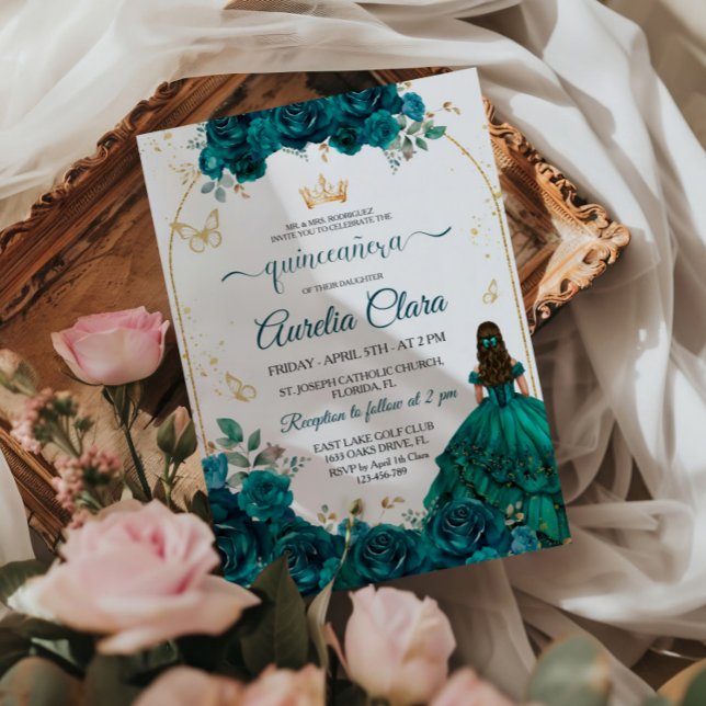 Elegante Chic Emerald Green Rose Gold Quinceanera Einladung (Von Creator hochgeladen)