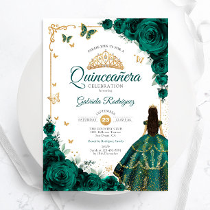 Elegante Chic Emerald Green Rose Gold Quinceanera Einladung