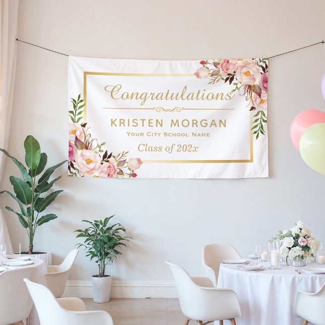 Elegante Chic Floral Gold Frame Graduation Party Banner (Von Creator hochgeladen)
