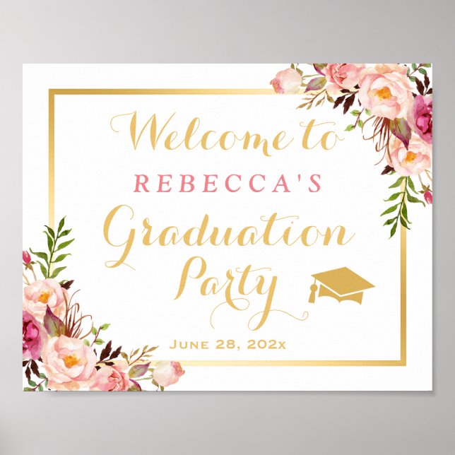 Elegante Chic Floral Graduation Party-Zeichen Poster (Vorne)
