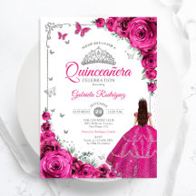 Elegante Chic Fuchsia Pink Roses Floral Quinceaner