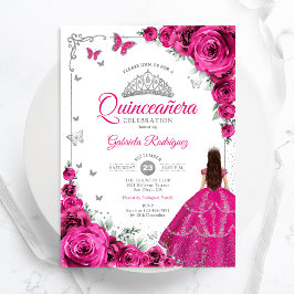 Elegante Chic Fuchsia Pink Roses Floral Quinceaner Einladung