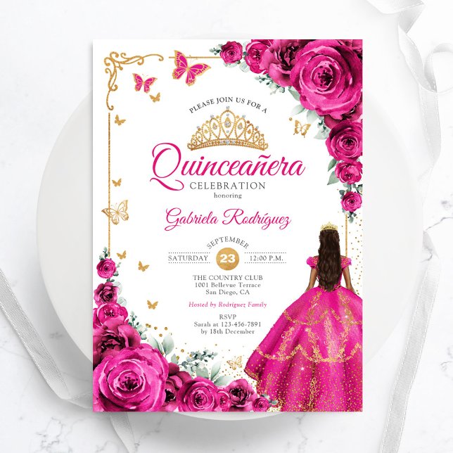 Elegante Chic Fuchsia Pink Roses Gold Quinceanera Einladung (Von Creator hochgeladen)