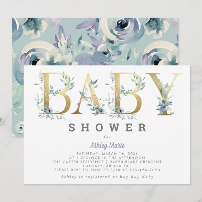 Elegante Chic Gold Aquamarin Blue Flowers Babydusc Einladung (Vorne/Hinten)