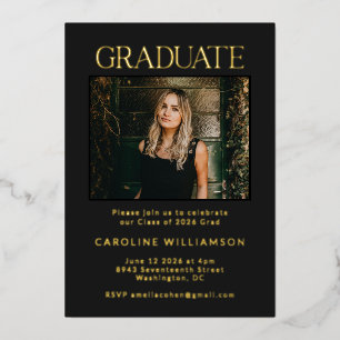 Elegante Chic Gold Black Two Foto Graduation Party Folieneinladung