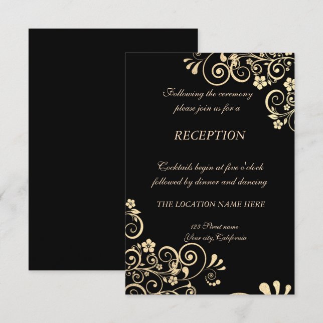 Elegante Chic Gold Blume Hochzeitsempfang Einladung (Vorne/Hinten)