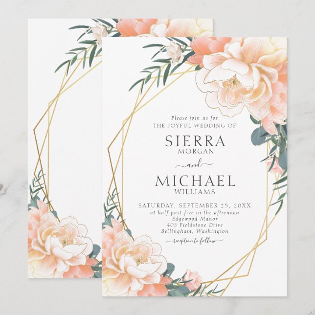 Elegante Chic Gold Blush Peach Cream Floral Weddin Einladung (Vorne/Hinten)